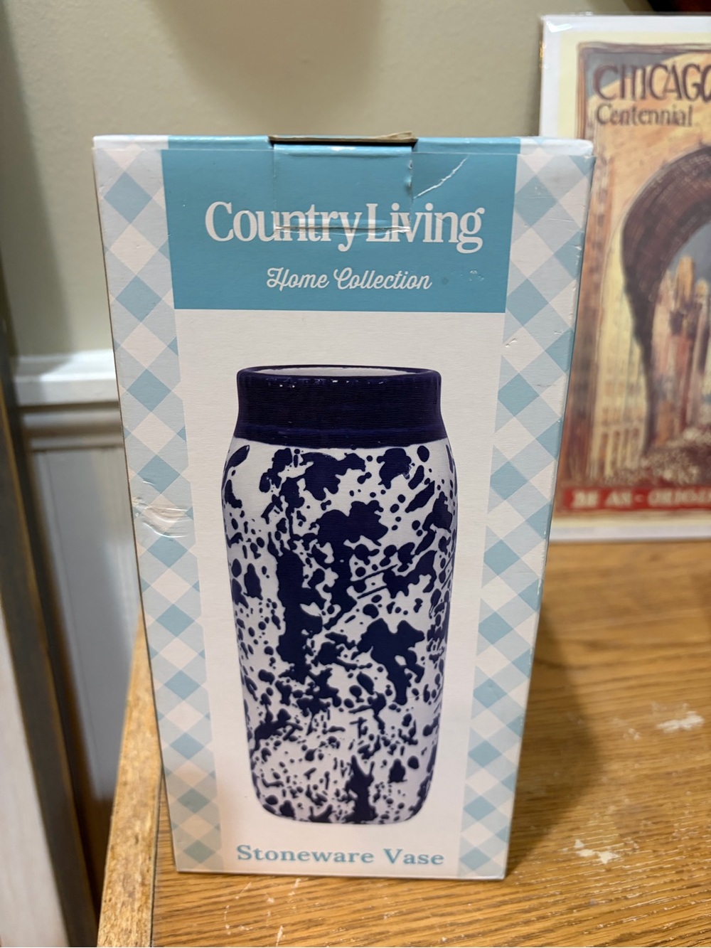 Cracker Barrel Navy and White Stoneware Vase